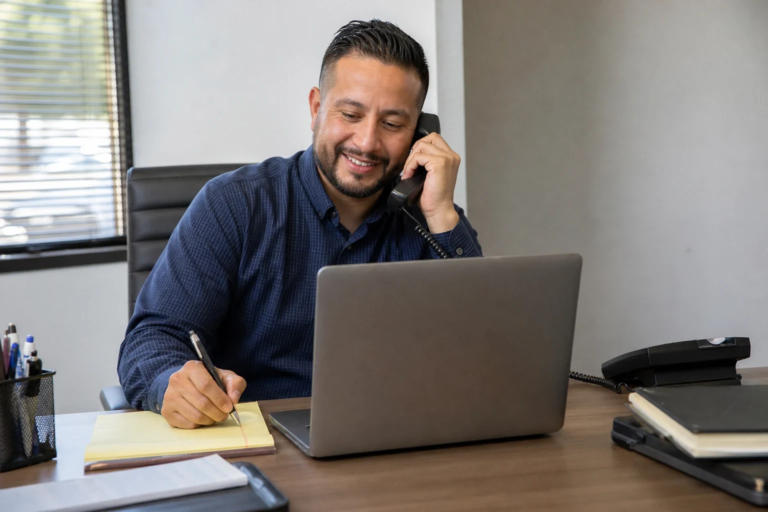 Smiling insurance agent in a navy shirt talks on a desk phone while writing on a yellow notepad beside a laptop in a bright office with a window
