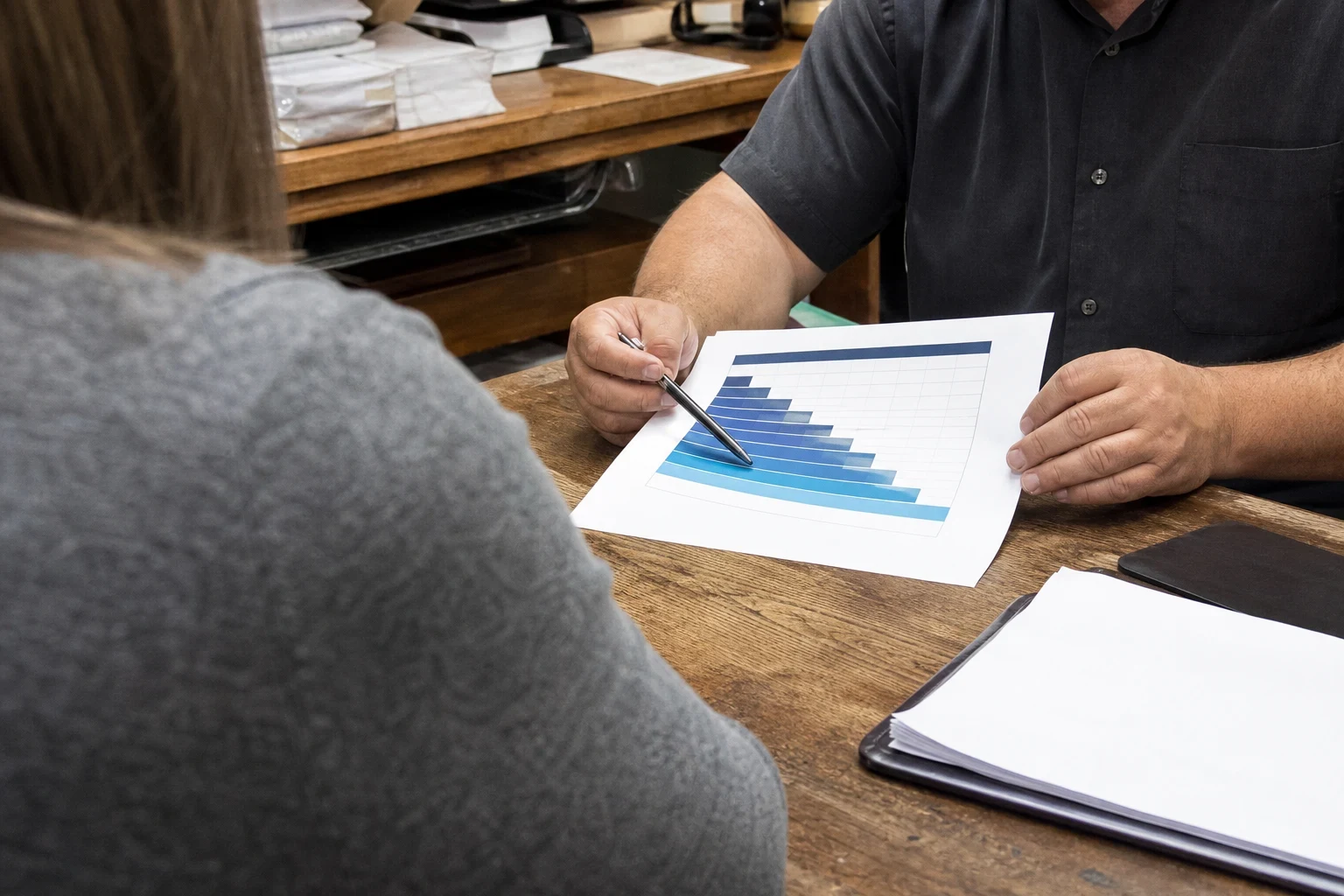 Agent in a dark shirt points a pen at a printed bar chart on a wooden desk while a client in a gray top looks on in a small back office