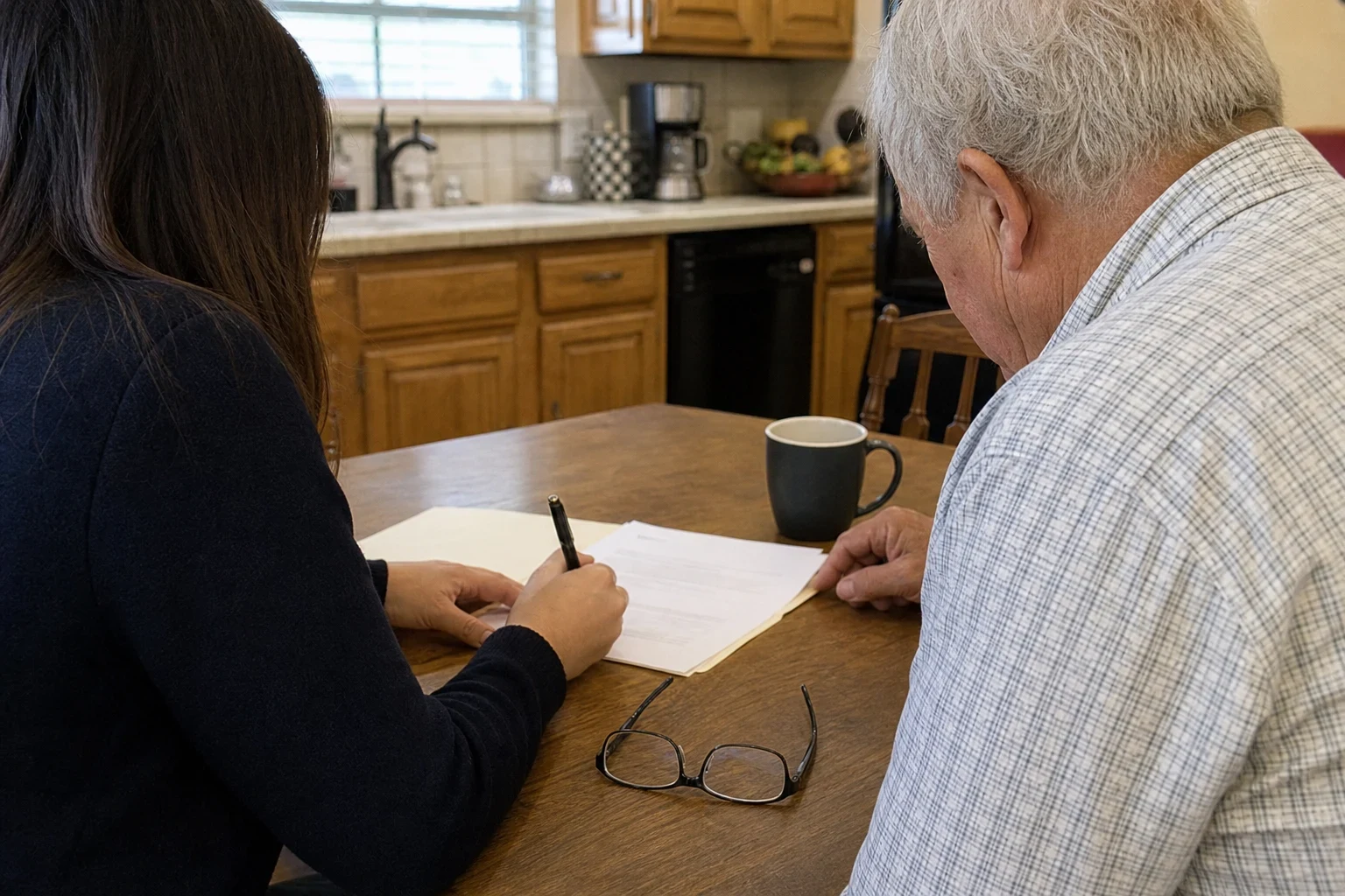 Woman with long dark hair writes on paperwork at a wooden kitchen table beside an older man in a plaid shirt, with reading glasses and a coffee mug nearby