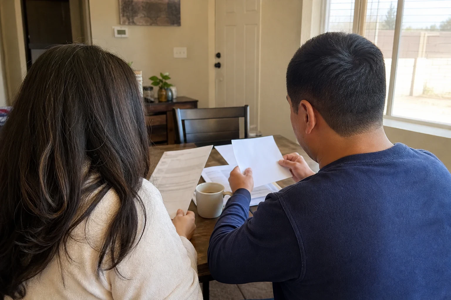 Over-the-shoulder view of a couple at a wooden kitchen table reviewing paperwork beside a coffee mug, with a bright window and a desert backyard wall beyond